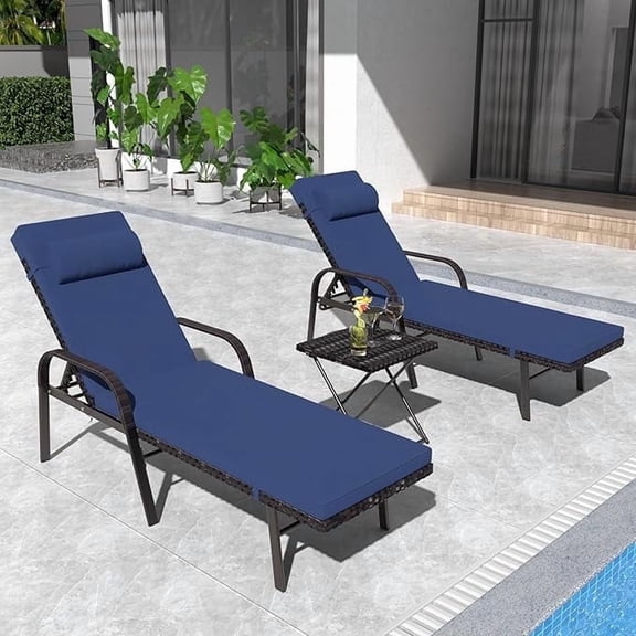 ALAULM Patio Chaise Lounge Sets Outdoor Armchair Recliner Rattan Adjustable Back 3 Pieces Cushioned Patio Folding Chaise Lounge with Folding Table