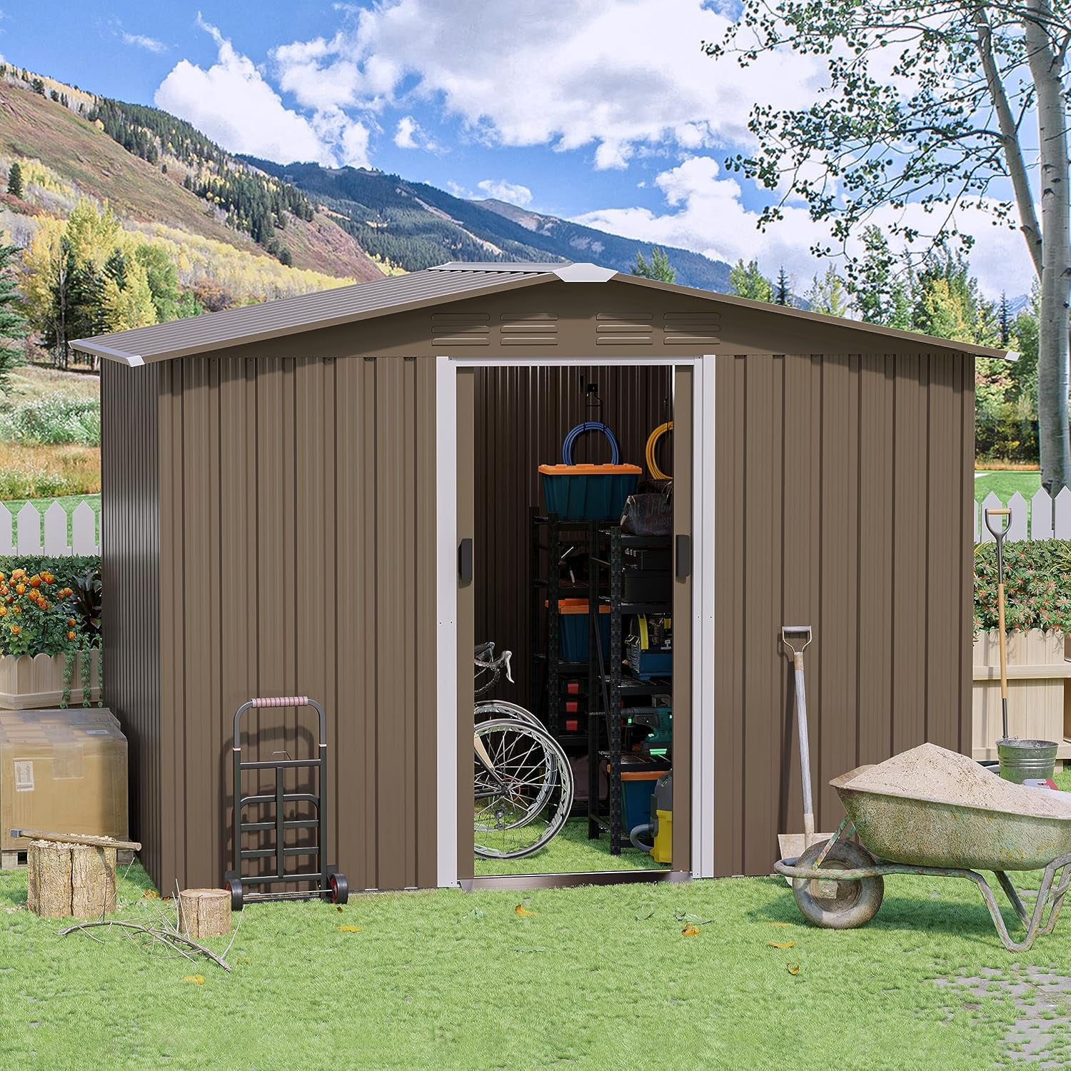 ALAULM 8'x6' Outdoor Storage Shed Outdoor Galvanized Metal Tool Shed with Vents & Sliding Door, Waterproof Garden Shed for Patio,Lawn,Backyard to Store Bikes,Tools-Brown