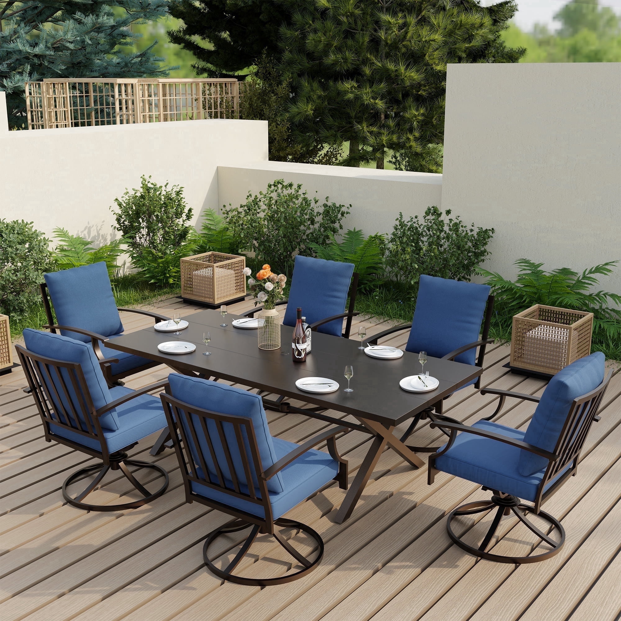 ALAULM Set of 6 Metal Swivel Rocking Patio Chairs, 360° Rotate & 15° Recline, Heavy-Duty Metal Frame Outdoor Dining Chairs with 3.2" cushion & Removable Covers (Navy Blue)