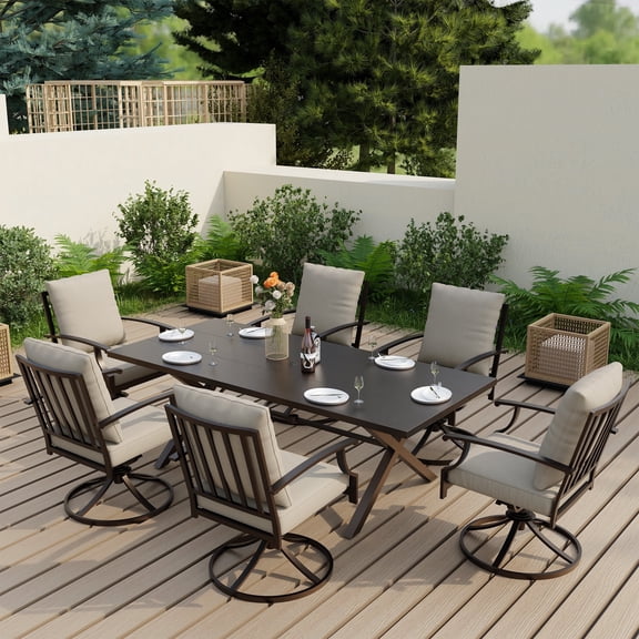 ALAULM Set of 6 Metal Swivel Rocking Patio Chairs, 360° Rotate & 15° Recline, Heavy-Duty Metal Frame Outdoor Dining Chairs with 3.2" cushion & Removable Covers (Sand)