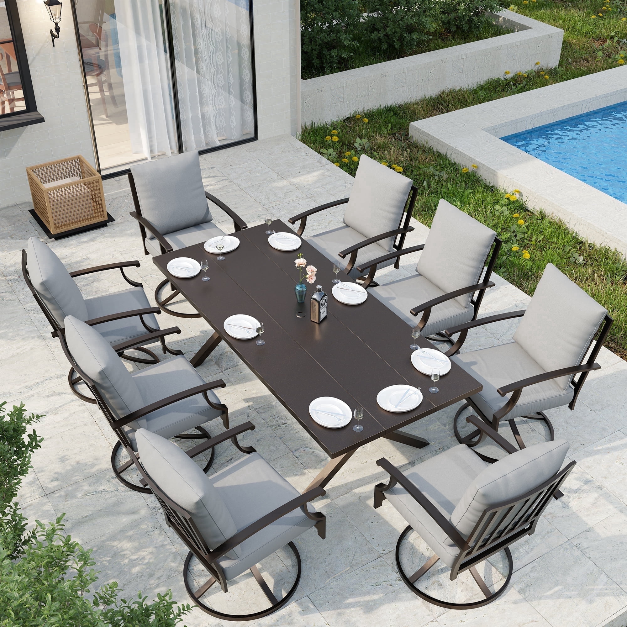 ALAULM Set of 8 Metal Swivel Rocking Patio Chairs, 360° Rotate & 15° Recline, Heavy-Duty Metal Frame Outdoor Dining Chairs with 3.2" cushion & Removable Covers (Gray)