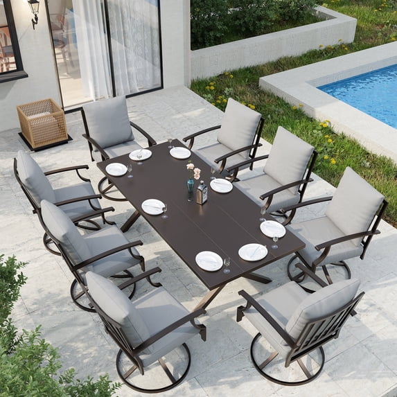 ALAULM Set of 8 Metal Swivel Rocking Patio Chairs, 360° Rotate & 15° Recline, Heavy-Duty Metal Frame Outdoor Dining Chairs with 3.2" cushion & Removable Covers (Gray)