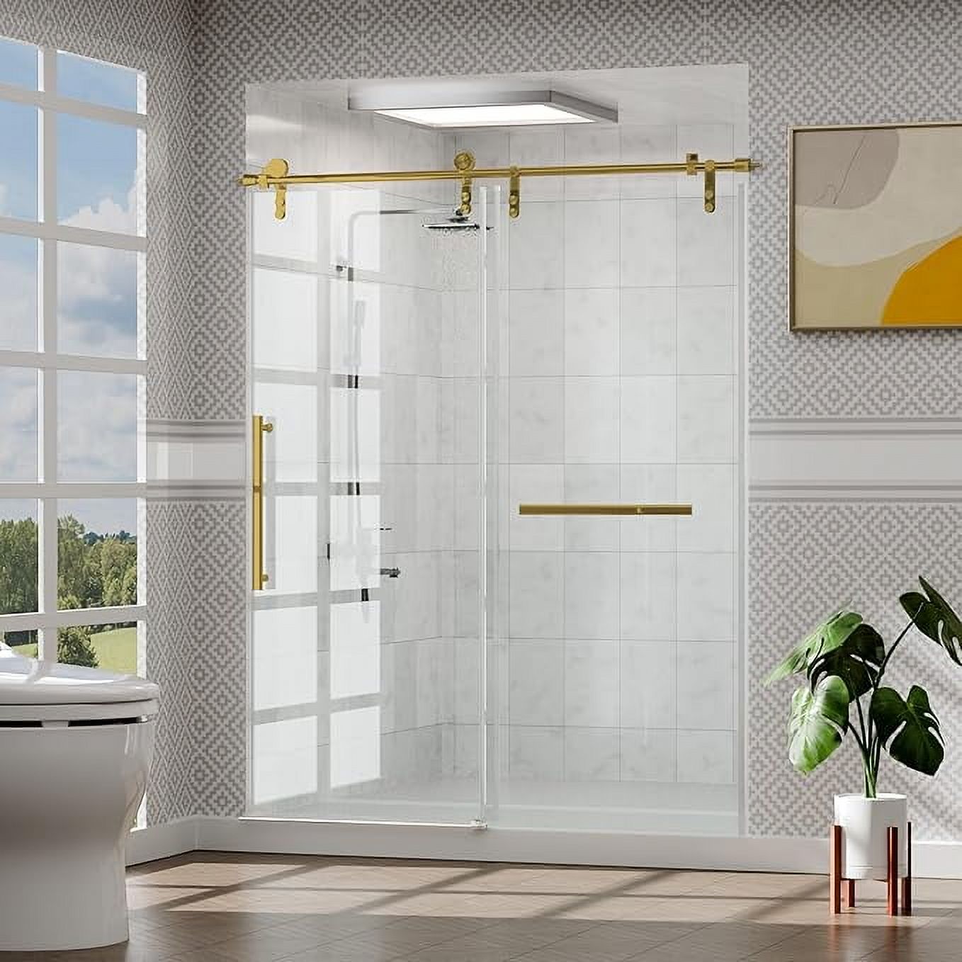 ALAULM Shower Door 56-60" W × 76" H Frameless Glass Shower Door, 5/16" (8mm) Clear Tempered Glass, Slidable Shower Door with Stainless Steel Handle, Noiseless