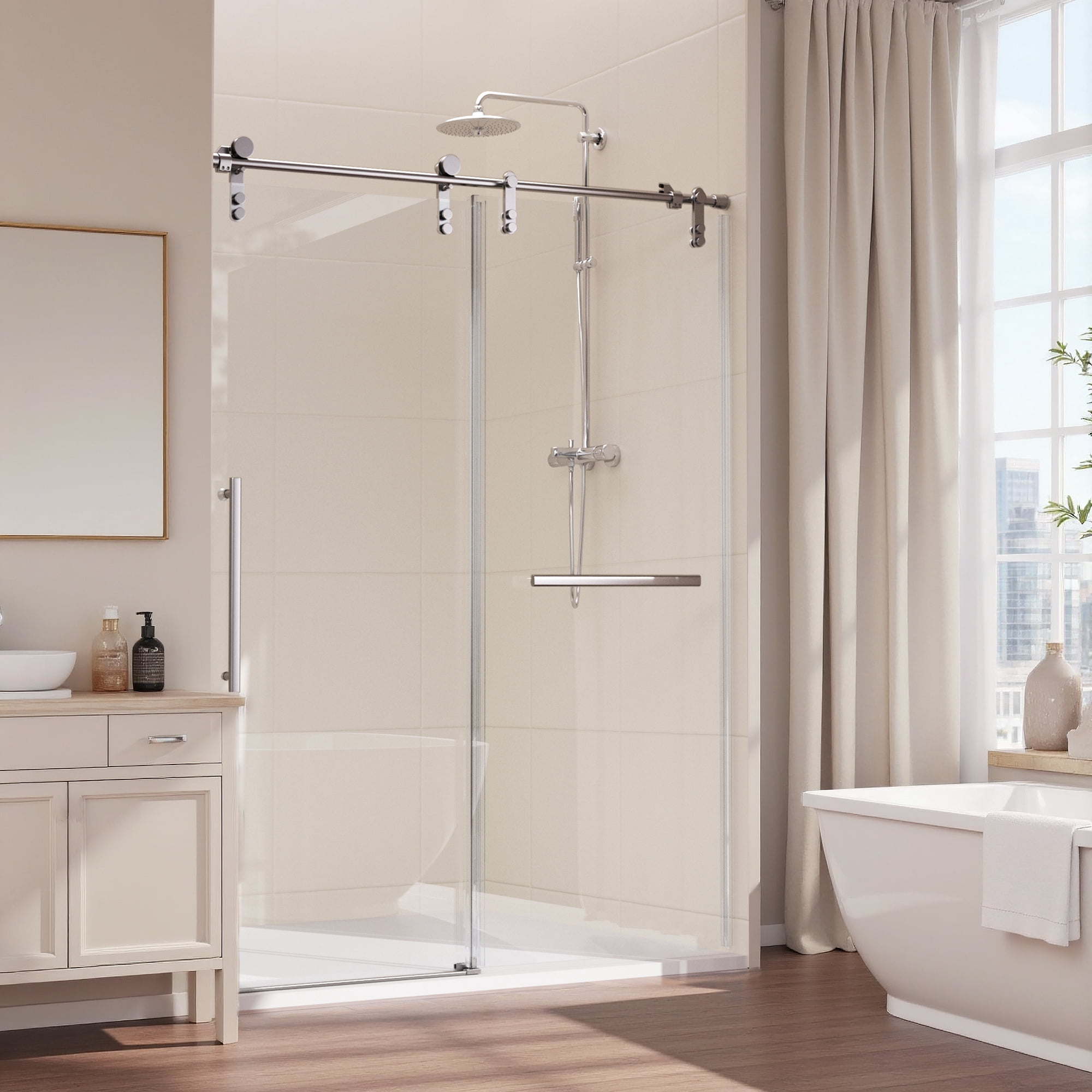 ALAULM Shower Door 56-60" W × 75" H Frameless Glass Shower Door, 5/16" (8mm) Clear Tempered Glass, Slidable Shower Door with Stainless Steel Handle, Brushed Nickel