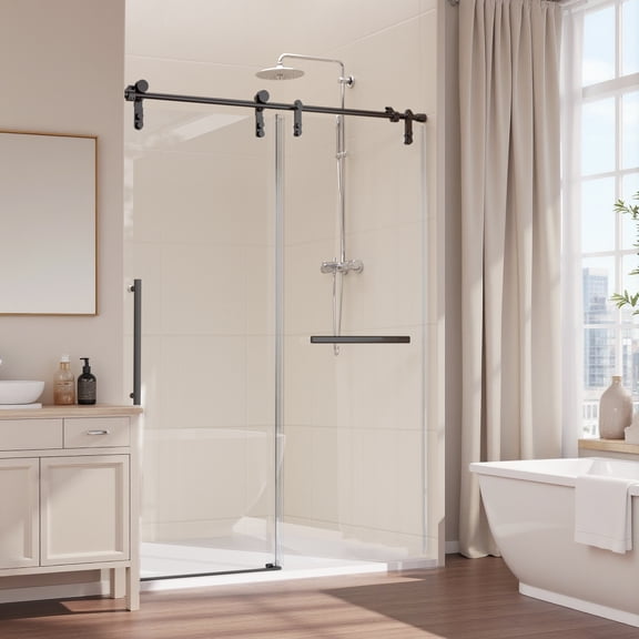 ALAULM Shower Door 56-60" W × 75" H Frameless Glass Shower Door, 5/16" (8mm) Clear Tempered Glass, Slidable Shower Door with Stainless Steel Handle, Black