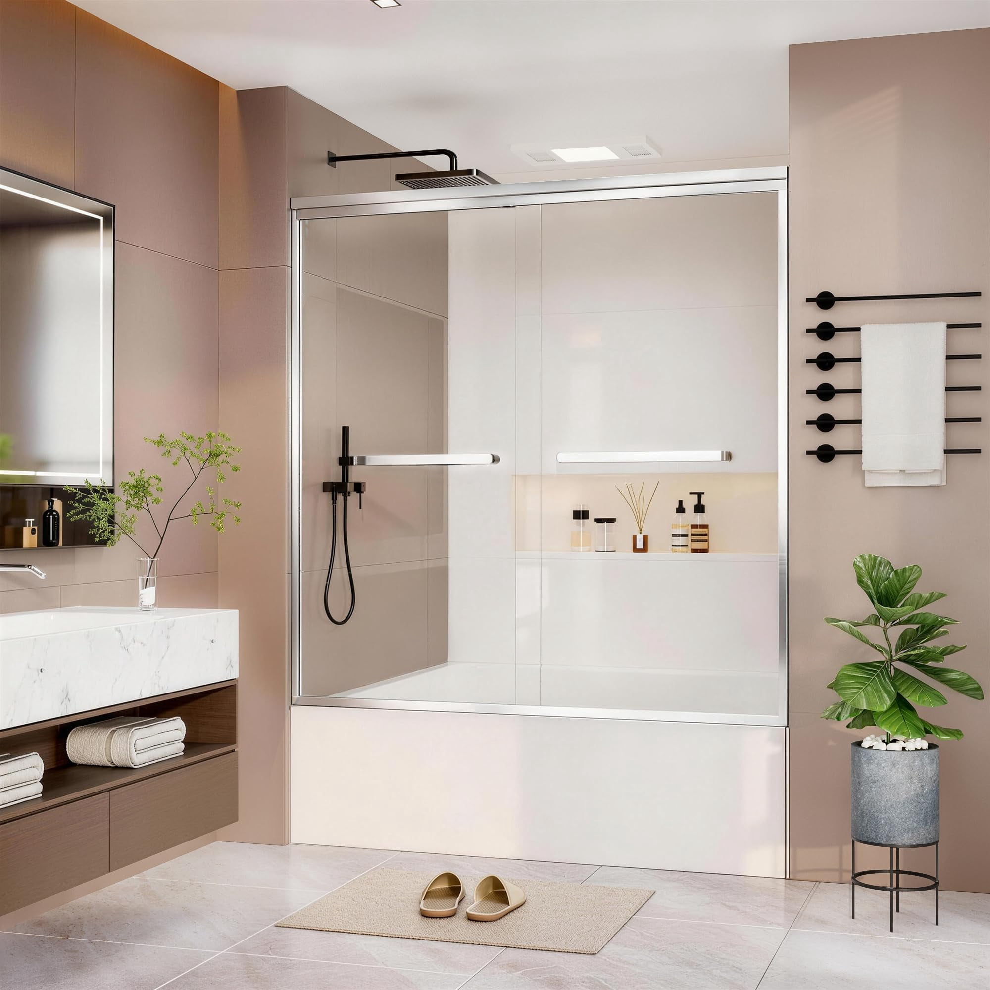 ALAULM Shower Door 56-60" W x 60" H Semi-Frameless Bypasss Bathroom Glass Shower Double Sliding Doors,1/4" (6mm) Clear SGCC Tempered Glass with Explosion-Proof Film, Brushed Nickel