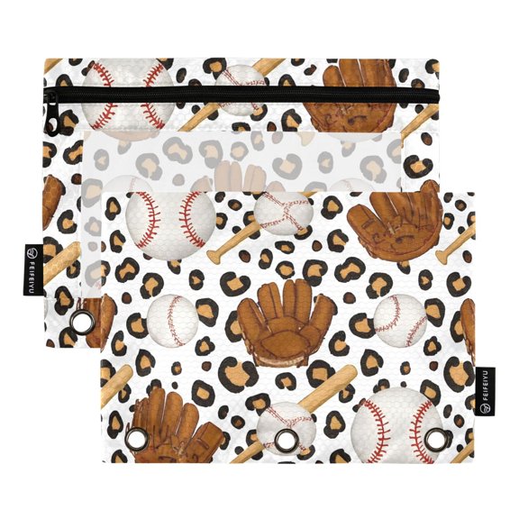 ALAZA 2 Pack Pencil Pouch Baseballs Leopard Pencil Case for 3 Ring Binder Clear Window Pencil Bag Organizers