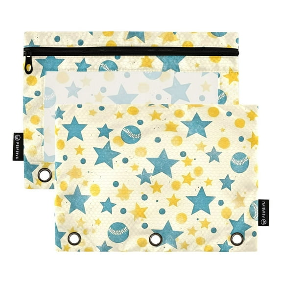 ALAZA 2 Pack Pencil Pouch Baseballs Stars Dots Pencil Case for 3 Ring Binder Clear Window Pencil Bag Organizers
