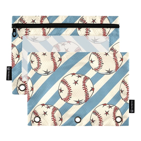 ALAZA 2 Pack Pencil Pouch Baseballs on Stipes Pencil Case for 3 Ring Binder Clear Window Pencil Bag Organizers