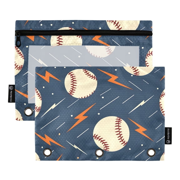 ALAZA 2 Pack Pencil Pouch Baseballs with Lightning Pencil Case for 3 Ring Binder Clear Window Pencil Bag Organizers