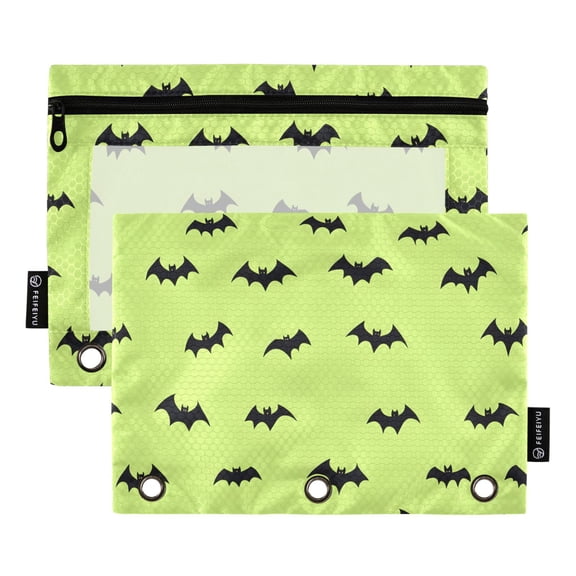 ALAZA 2 Pack Pencil Pouch Bat on Green Pencil Case for 3 Ring Binder Clear Window Pencil Bag Organizers