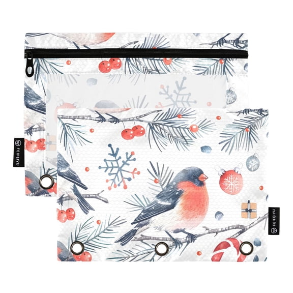 ALAZA 2 Pack Pencil Pouch Bird on Tree Snowflakes Christmas Pencil Case for 3 Ring Binder Clear Window Pencil Bag Organizers