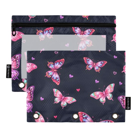 ALAZA 2 Pack Pencil Pouch Butterfly Sparkling Pencil Case for 3 Ring Binder Clear Window Pencil Bag Organizers