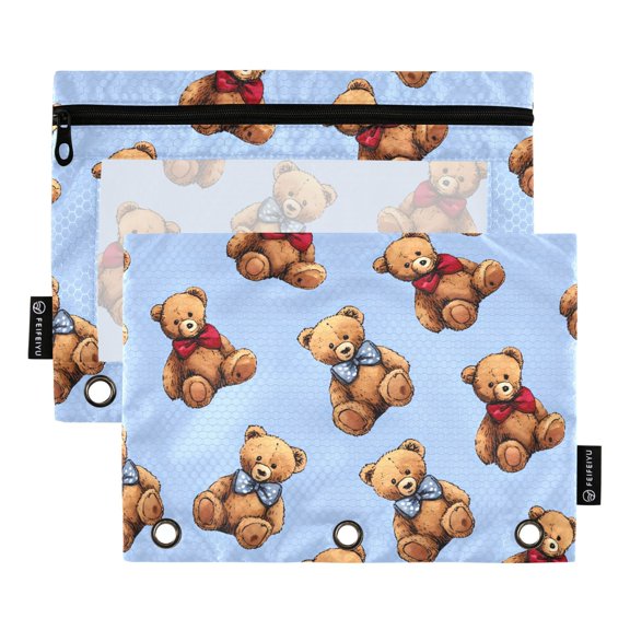 ALAZA 2 Pack Pencil Pouch Cartoon Bears Pencil Case for 3 Ring Binder Clear Window Pencil Bag Organizers