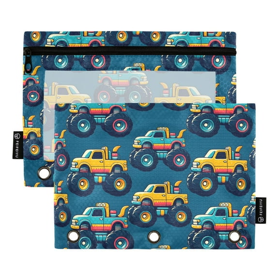 ALAZA 2 Pack Pencil Pouch Cartoon Car Vehicles Pencil Case for 3 Ring Binder Clear Window Pencil Bag Organizers