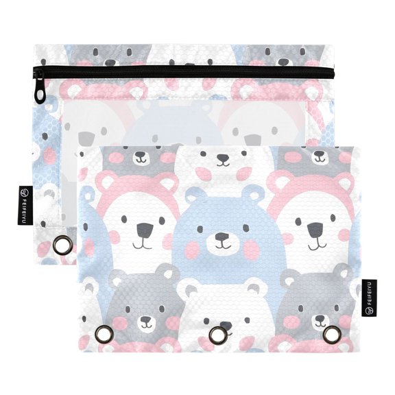 ALAZA 2 Pack Pencil Pouch Cartoon Cute Bear Face Pencil Case for 3 Ring Binder Clear Window Pencil Bag Organizers