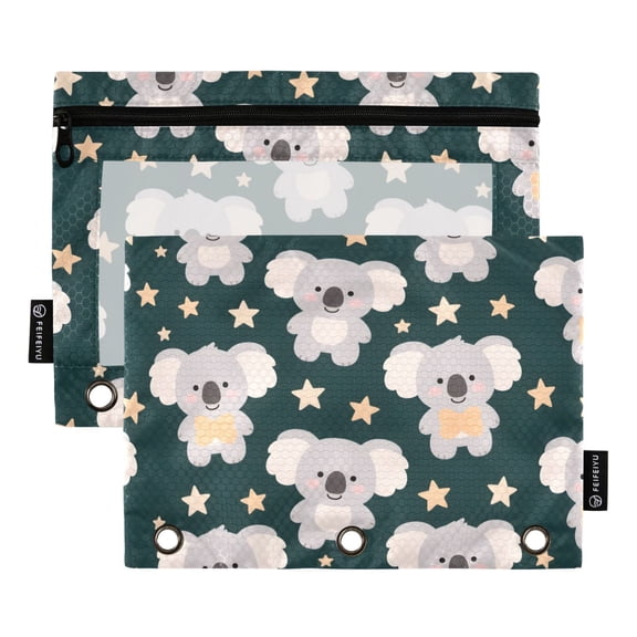 ALAZA 2 Pack Pencil Pouch Cartoon Koala Stars Pencil Case for 3 Ring Binder Clear Window Pencil Bag Organizers
