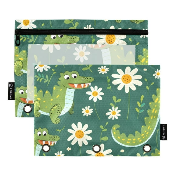 ALAZA 2 Pack Pencil Pouch Crocodile Daisy Floral Pencil Case for 3 Ring Binder Clear Window Pencil Bag Organizers