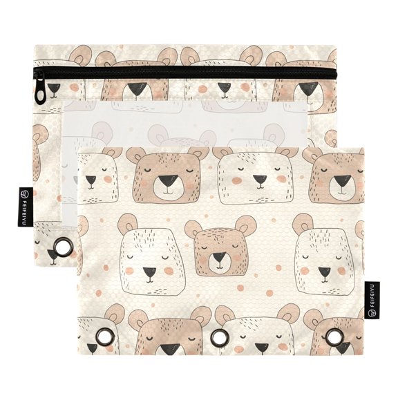 ALAZA 2 Pack Pencil Pouch Face Of Bears Pencil Case for 3 Ring Binder Clear Window Pencil Bag Organizers