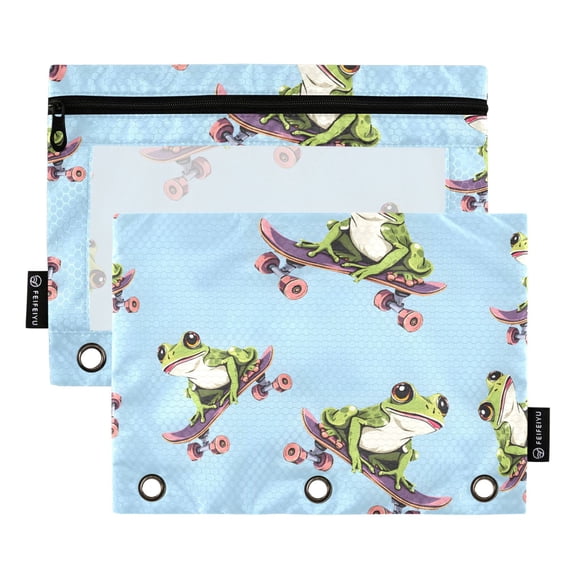 ALAZA 2 Pack Pencil Pouch Frogs Playing Skateboard Pencil Case for 3 Ring Binder Clear Window Pencil Bag Organizers