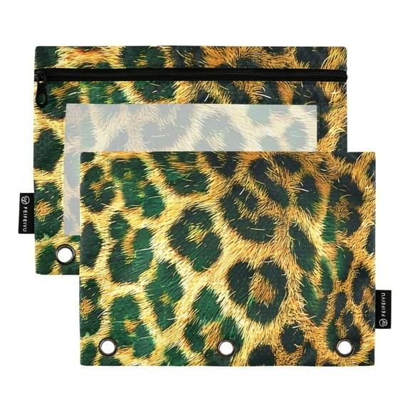 ALAZA 2 Pack Pencil Pouch Green Leopard Print Pencil Case for 3 Ring Binder Clear Window Pencil Bag Organizers