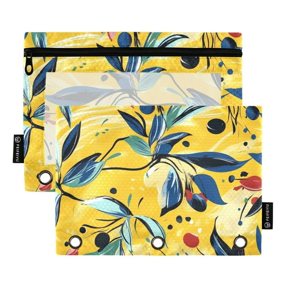 ALAZA 2 Pack Pencil Pouch Leaf Art Pattern Pencil Case for 3 Ring Binder Clear Window Pencil Bag Organizers