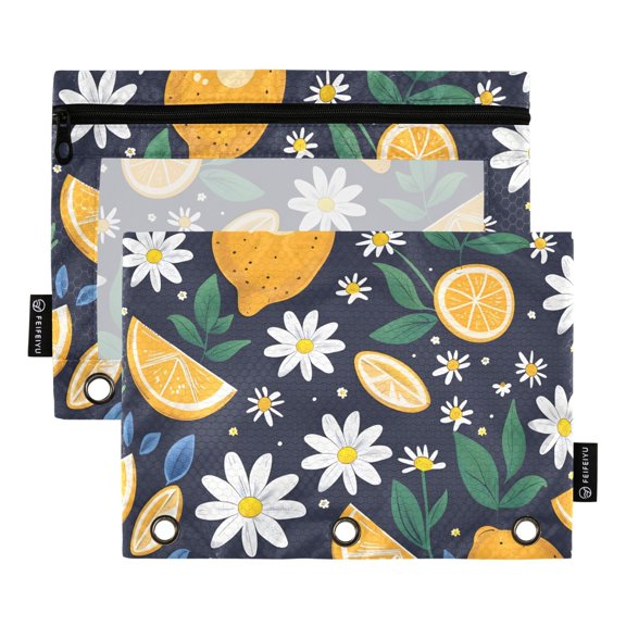 ALAZA 2 Pack Pencil Pouch Lemon Daisy Floral Pencil Case for 3 Ring Binder Clear Window Pencil Bag Organizers