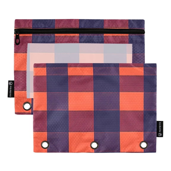 ALAZA 2 Pack Pencil Pouch Orange Checkered Pencil Case for 3 Ring Binder Clear Window Pencil Bag Organizers