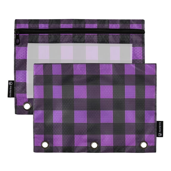 ALAZA 2 Pack Pencil Pouch Purple Checkered Grid Pattern Pencil Case for 3 Ring Binder Clear Window Pencil Bag Organizers