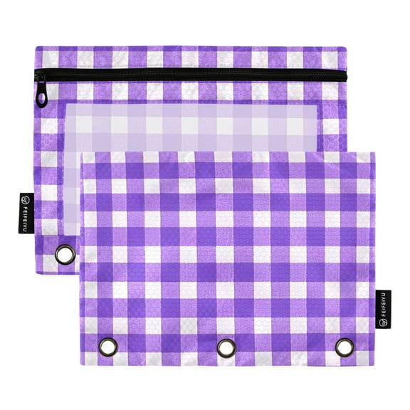 ALAZA 2 Pack Pencil Pouch Purple Checkered Grid Pencil Case for 3 Ring Binder Clear Window Pencil Bag Organizers