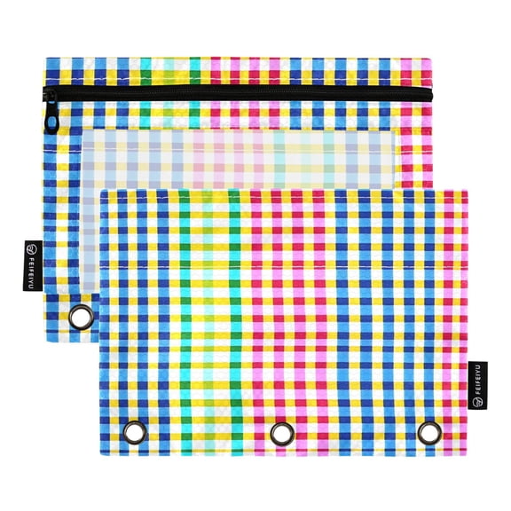 ALAZA 2 Pack Pencil Pouch Rainbow Checkered Pencil Case for 3 Ring Binder Clear Window Pencil Bag Organizers