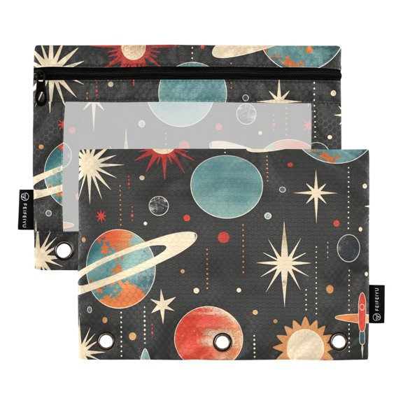 ALAZA 2 Pack Pencil Pouch Retro Space Planets Rockets Pencil Case for 3 Ring Binder Clear Window Pencil Bag Organizers