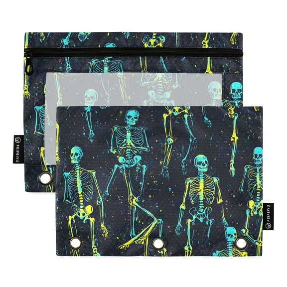 ALAZA 2 Pack Pencil Pouch Skeletons Pattern Pencil Case for 3 Ring Binder Clear Window Pencil Bag Organizers