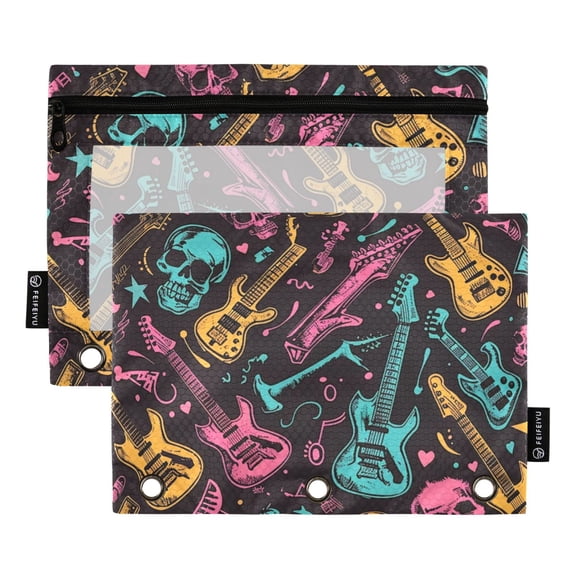 ALAZA 2 Pack Pencil Pouch Skull and Guitars Pencil Case for 3 Ring Binder Clear Window Pencil Bag Organizers