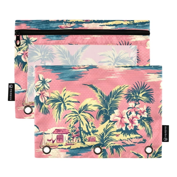 ALAZA 2 Pack Pencil Pouch Vintage Palm Tree Pencil Case for 3 Ring Binder Clear Window Pencil Bag Organizers