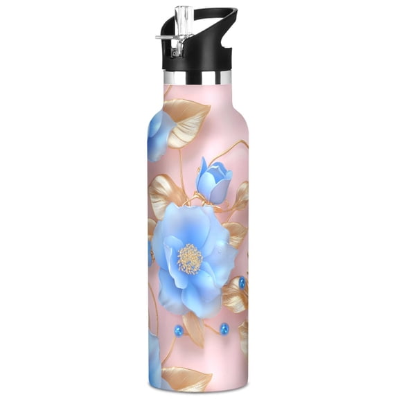 ALAZA 3d Blue Flowers Pattern Stainless Steel Water Bottle Vacuum Insulated Leak-Proof Tumbler with Straw Handle 20oz