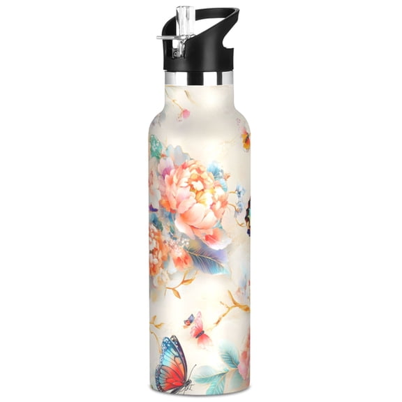 ALAZA 3d Butterfly Flower Pattern Stainless Steel Water Bottle Vacuum Insulated Leak-Proof Tumbler with Straw Handle 20oz
