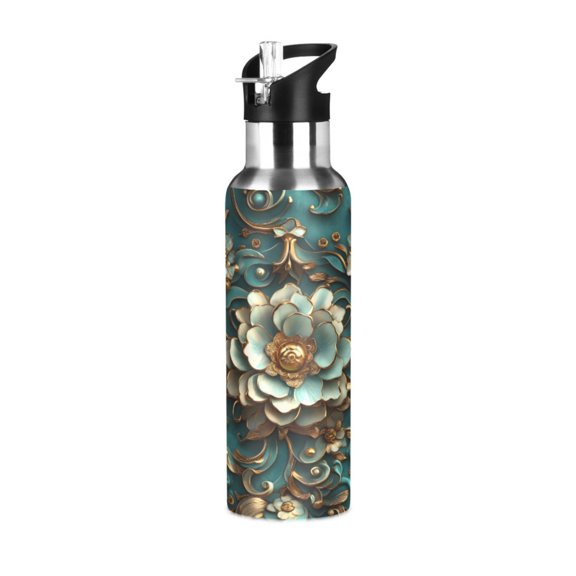 ALAZA 3d Flower Pattern Water Bottle Insulated Flask Stainless Steel Straw Lid 20 oz