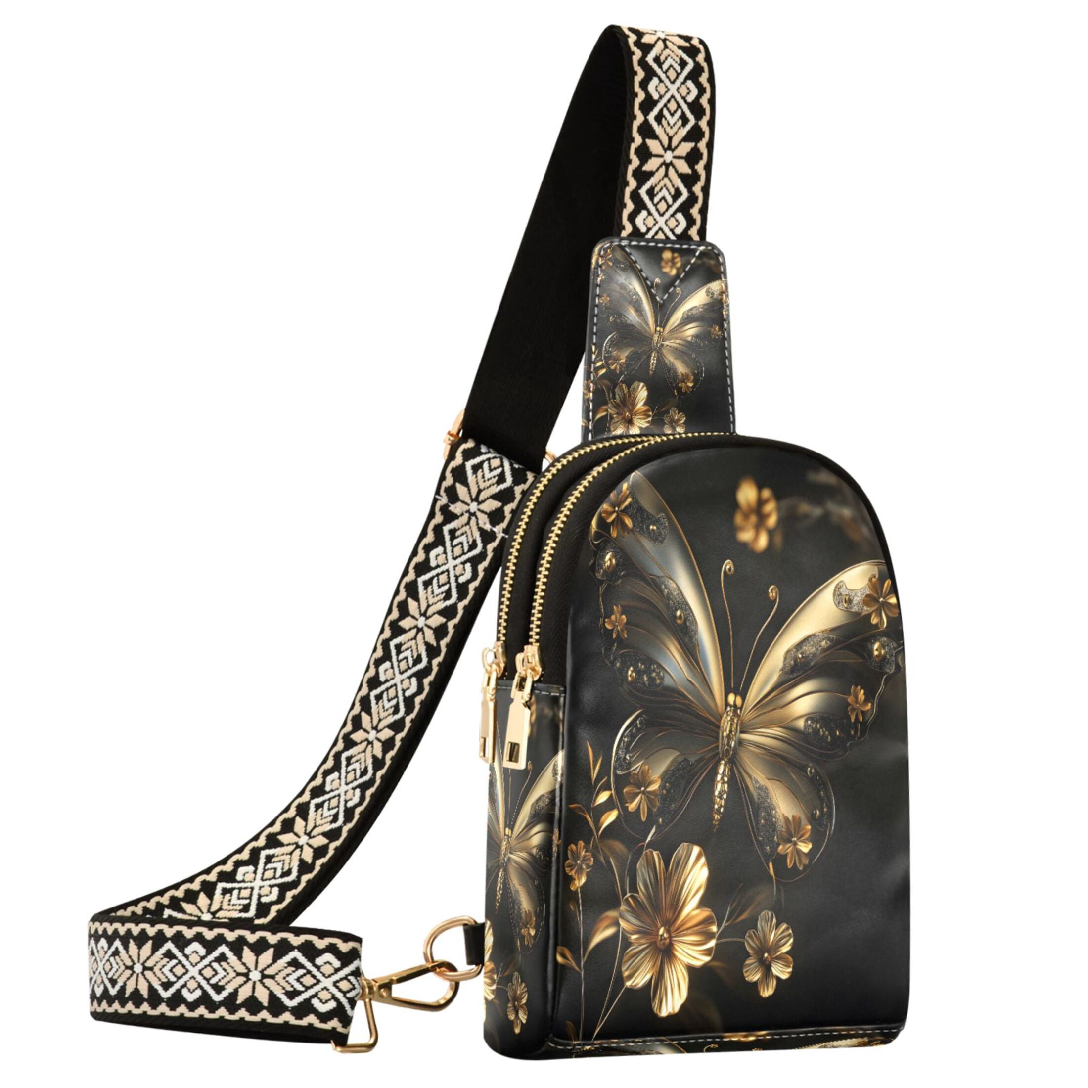 ALAZA 3d Golden Butterfly Sling Bag for Women Men Waterproof Crossbody Chest Bags