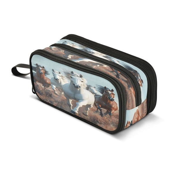 ALAZA 3d Horses Running Pencil Case Bag 3 Compartment Pen Pouch Large Storage Holder Box Organizer