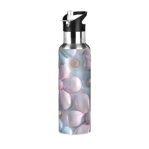 ALAZA 3d Pink Flowers Water Bottle Insulated Flask Stainless Steel Straw Lid 20 oz