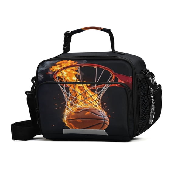 ALAZA A Basketball Fire Lunch Box Insulated Cooler Bag Reusable Tote Bags with Shoulder Strap