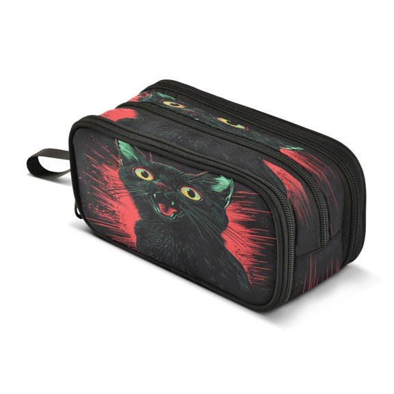 ALAZA A Black Cat Pencil Case Bag 3 Compartment Pen Pouch Large Storage Holder Box Organizer