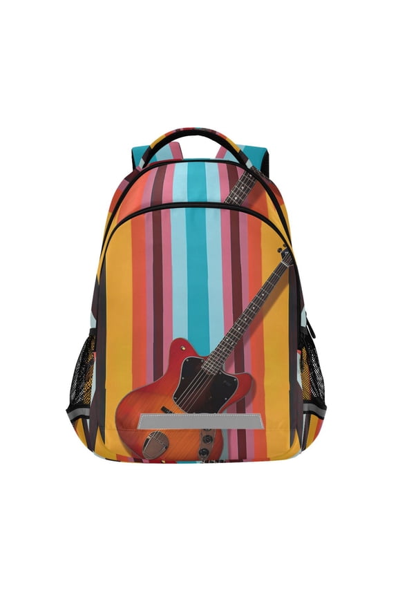 A Guitar on Stripe Backpack Elementary School Bag Bookbag Travel Rucksack