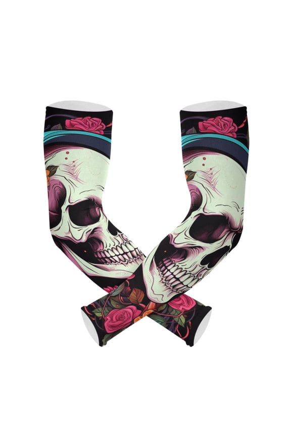 A Skeleton with Floral on Head Listening UV Sun Protection Arm Sleeves UPF 50+ Compression Cooling Sleeve 1 Pair