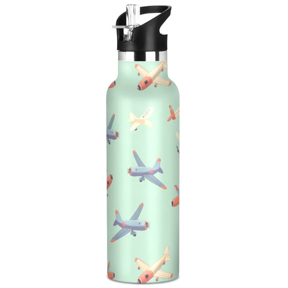 ALAZA Airplane Retro Green Pattern Stainless Steel Water Bottle Vacuum Insulated Leak-Proof Tumbler with Straw Handle 20oz