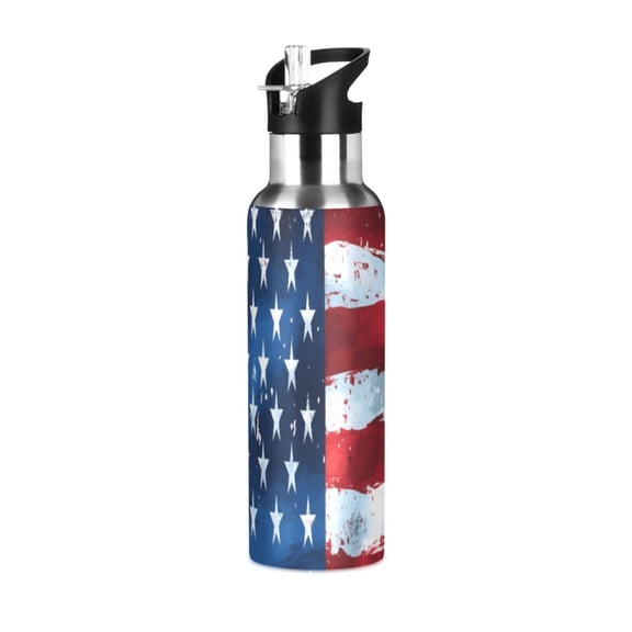 ALAZA American Flag Retro Water Bottle Insulated Flask Stainless Steel Straw Lid 20 oz