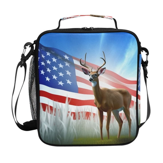 ALAZA American Flag and Deer Lunch Box Insulated Lunch Bag Reusable Thermal Cooler Tote School Picnic