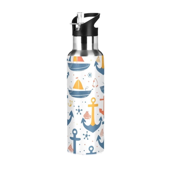 ALAZA Anchors and Boats Water Bottle Insulated Flask Stainless Steel Straw Lid 20 oz