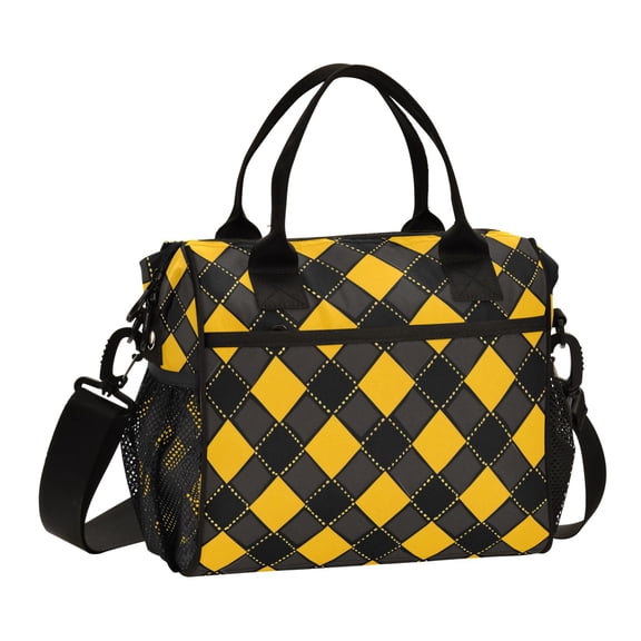 ALAZA Art Yellow Checkered Grid Pattern Insulated Lunch Bag Reusable Tote Box Adjustable Shoulder Strap for Work Picnic